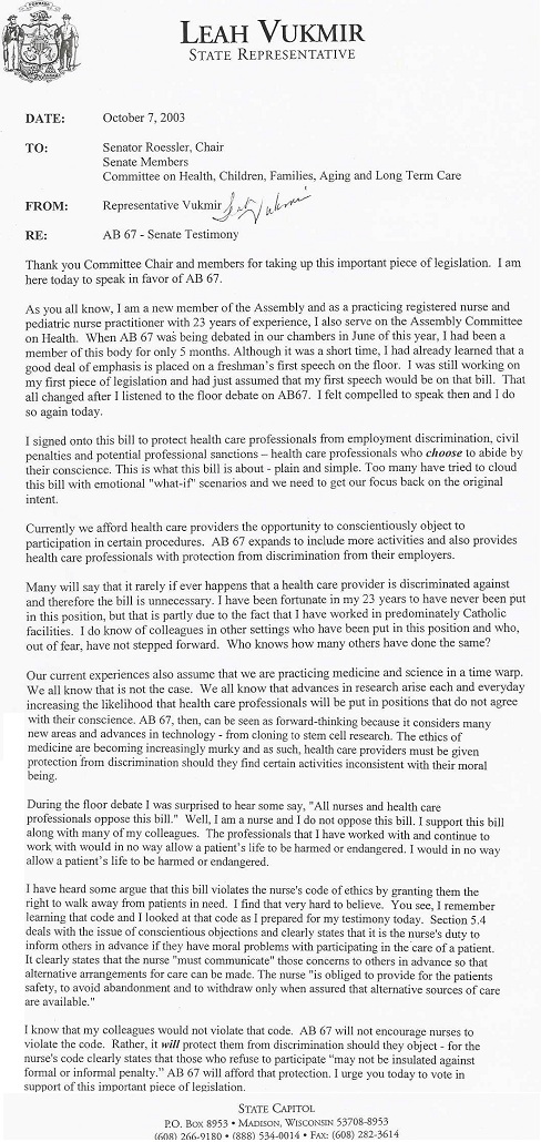 Letter from Leah Vukmir, 7 October, 2003